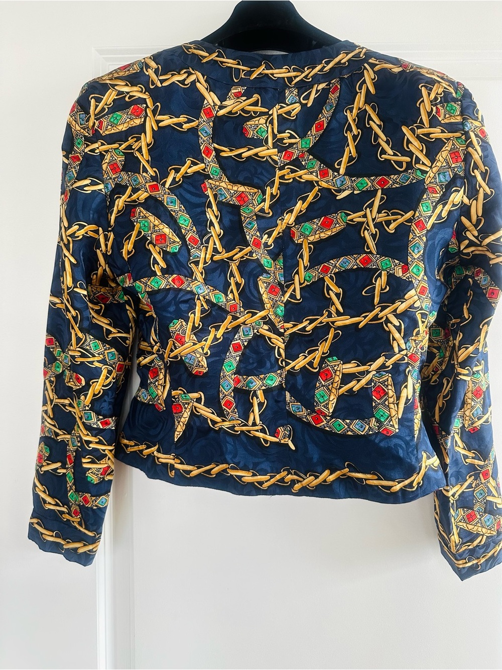 Vintage 100% Silk Adrianna Papell Navy Jacket with Gold Chain Print - Picture 2 of 4